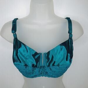VTG 70s Maidenform Rendezvous 36D Bra Second Skin Teal Shiny Satin Lace Wired